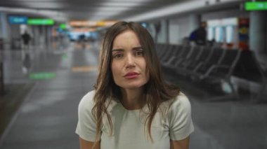 Kadın dik oturur ve yukarıdaki ışıkların altında öne doğru eğilir, çıplak yüz ve havaalanı terminalinde ciddi bakışlar;.