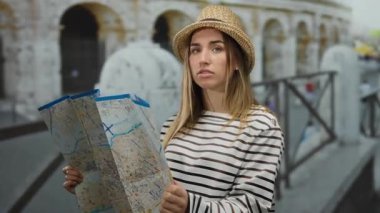 Roma 'daki Roma Kolezyumu' nda elinde haritayla gezen bir kadın İtalya 'yı geziyor. Meraklı bir ifade ve çizgili gömlekle..