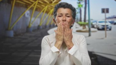 Arka planda arabalar ve ağaçlarla dolu bir şehir sokağında öpüşen gri saçlı son sınıf öğrencisi bir kadın, şehir ortamında samimi bir jest yapıyor..