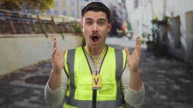 Şehir sokağında şaşırtıcı bir ifadeyle yansıtıcı yelek giyen İspanyol bir adam açık havada gönüllü iş yapıyor..