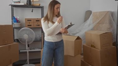 Yeni evdeki kutuları açan kadın karton, bitki, yelpaze ve rafla çevrili not alırken kapalı bir ortamda hareketli bir günü tasvir ediyor..