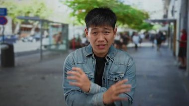 Kot ceket giyen genç adam hareketli şehir caddesinde duruyor, insanların ve ağaçların bulanık geçmişiyle şehir dışında duygularını ifade ediyor..