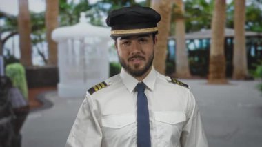 Pilot üniformalı genç adam açık hava parkında ağaçlar ve çardaklarla sessizlik işareti veriyor.