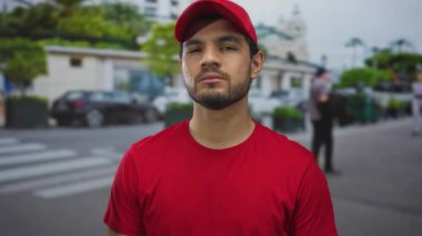 Kırmızı şapkalı ve gömlekli bir adam işlek bir şehir caddesinde çıplak yüzüyle duruyor park edilmiş arabalar ve yeşil ağaçlar tarafından çerçevelenmiş; kararlılık.