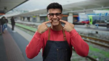İspanyol bir adam tren istasyonunda kırmızı gömlek ve gözlük takarak gülümsüyor, dişlerini gösteriyor, açık hava treninde neşeli ve davetkar bir atmosfer yaratıyor..