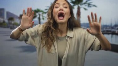 Elleri ve ağzı açık bir kadın, palmiye ağaçları ve marinayla caddeyi işaret ediyor..