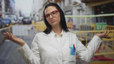 Beyaz üniformalı bilimadamı kadın şehir geçmişine sahip inşaat sahasında duruyor ciddi ve düşünceli bir şekilde İspanyol temsiliyetini ve profesyonel ortamını ön plana çıkarıyor..