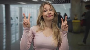 Kadın havaalanı terminalinde iki çıplak elle tırnak işareti yapıyor ve kaşlarını kaldırıyor. Şüphecilik..