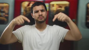 Beyaz tişörtlü genç İspanyol adam istasyonda hareket eden treni işaret ediyor; belirsizlik..