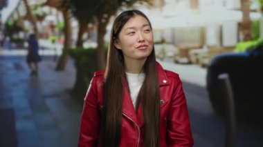 Kırmızı ceketli kadın, şehir arka planında bulanık bir şekilde gülümsüyor. Canlı, rahat ve gençlik tarzını ön plana çıkarıyor..