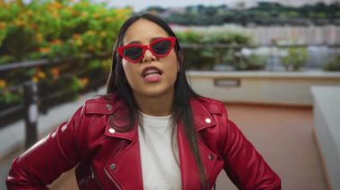 Şık kırmızı ceketli ve güneş gözlüklü genç bir kadın açık havada canlı yeşil arka planlı bir öpücük yolluyor..