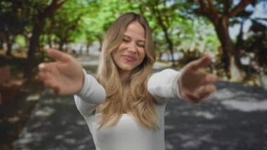 Gözleri kapalı sarışın bir kadın ve yeşil parkta nazik bir gülümseme ile omuzlarına sarılıyor..