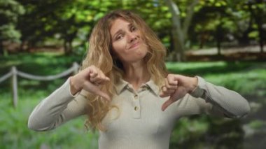 Kadın, parkta baş parmağıyla poz verirken sarışın genç bir sanatçıyla gülümseyerek doğayı onaylamadığını gösteriyor..