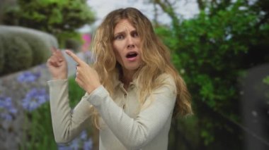 Kadın parmaklarını genç bir sarışınla bahçeyi işaret etmek için kullanıyor. Şaşırtıcı bir şaşkınlık ve el hareketi sergiliyor..
