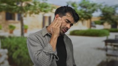 Kareli gömlekli genç adam, güneşli binanın ön cephesinde eli yanaklı duruyor; diş ağrısı şikayeti.