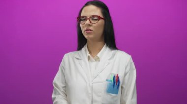 Beyaz üniformalı İspanyol kadın bilim adamı canlı pembe bir duvardan endişeli görünüyor..