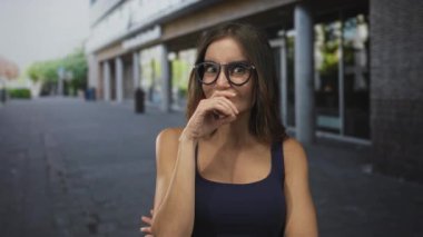 Gözlüklü bir kadın kaldırımda tuğla bir binanın önünde parmağını ısırıyor ve omuzlarını kaldırıyor..
