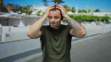 Dövmeleri olan İspanyol bir adam sokak ortamının dışında duruyor, elleri başının üstünde endişeli görünüyor, yeşil bir gömlek giyiyor ve duygularını ifade ediyor..
