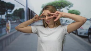 Beyaz gömlekli genç bir kadın şehrin arka planında barış işareti ile poz veriyor, parlak bir gökyüzü altında neşe ve kaygısız tavırlar sergiliyor..