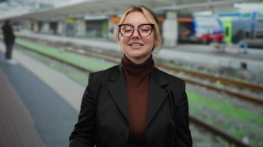 Tren istasyonunda gözlüklü ve siyah ceketli bir kadın demiryolu platformunun arka planında, gün ışığında güvenle ayakta duruyor ve hafifçe gülümsüyor..