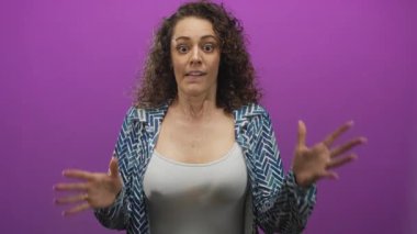 Mor stüdyoda elleri ağıza yakın tutan ve alt dudağını ısıran Latin kökenli genç bir kadın. Endişe hassasiyeti..