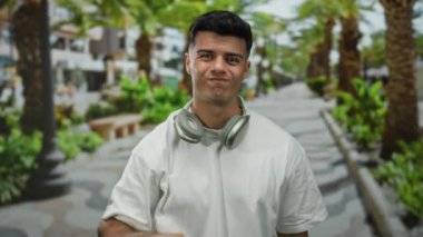 Kulaklık takan genç adam, canlı bir şehir caddesinde palmiye ağaçlarıyla çevrili, şehir enerjisi ve canlı bir atmosfer sergiliyor..