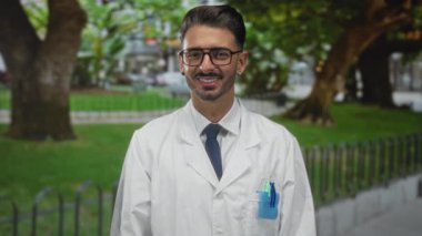 Gözlük takan, cebinde kalemler olan, gülümseyen ve binanın yanında duran İspanyol asıllı genç bir adam..