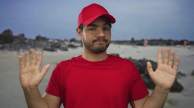 Kırmızı şapkalı ve gömlekli adam kumlu sahilde, soluk mavi gökyüzünün altında kayalık bir kıyı şeridi olan avuçlarını kaldırıyor..