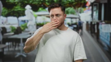 Şehir terasındaki sakallı genç adam, şehir restoranındaki masaların ve yeşil ağaçların yer aldığı kalabalık caddedeki kafe yakınlarında sürpriz bir şekilde tepki veriyor..