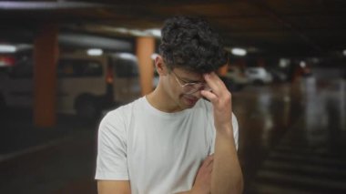 Yeraltı otoparkında genç İspanyol bir adam park halindeki bir arabanın yanında burnunu sıkar..