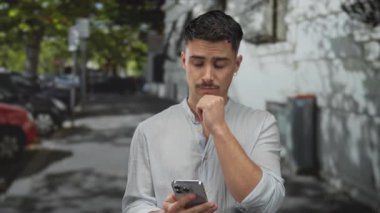 Şehirdeki genç adam akıllı telefonu elinde tutuyor, ağaçlarla kaplı caddenin altında kafa yoruyor, düşünceli bir ifade takınıyor, şehir çevresi açık hava dinamiğini yakalıyor..