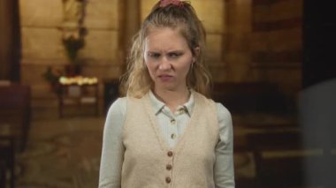 Sarışın genç modelin poz verdiği bir kilise sahnesinin ortasında tiksinti dolu bir yüz ifadesini ortaya koyuyor..