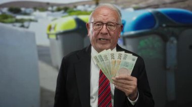 Sokak ortasında elinde Czech Koruna banknotları tutan kıdemli bir adam açık hava iş ortamında mutluluğu gösteriyor..