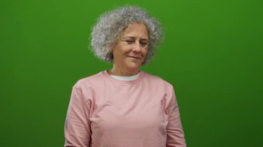 Kıvırcık saçlı bir kadın, parlak yeşil bir duvara karşı jest yapıyor. Pembe bir kazak giyiyor. Dost canlısı ve davetkar bir tavır sergiliyor..