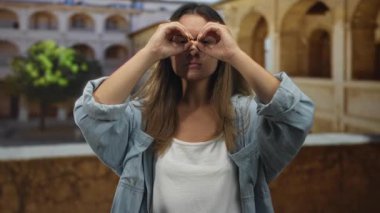 Kadın el dürbünü oluşturur ve tarihi bir binanın önünde avuçlarını açık tutar..