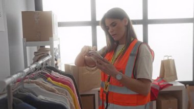 Yansıtıcı yelek giyen İspanyol kadın bir hayır kurumunda gönüllü olarak arka planda kutular olan kıyafetleri sıralıyor..