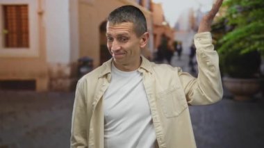 Sokakta gülümseyen adam dışarıda dururken el ele tutuşuyor, bej tişört ve beyaz tişört giyiyor, şehir arka planına karşı günlük moda sergiliyor..