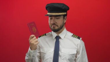 Pilot üniformalı genç adam Meksika pasaportu taşıyor. Kırmızı arka plana karşı. Kimlik ve milliyete odaklı seyahat ve otoriteyi sembolize ediyor..