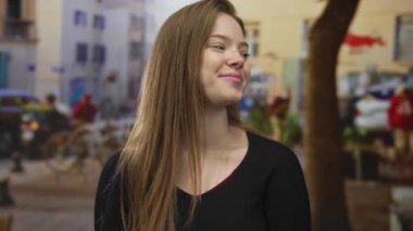 Kadın, arka planda bulanık arabalarla dolu işlek bir şehir caddesinde kamera arkasını işaret ediyor; neşe.