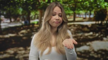 Kadın, ağaç tepe örtülerinin altındaki yeşil parkta para isterken sürtünen parmak uçlarını ve açık avuç içi hareketlerini sergiliyor; ihtiyaç savunması yapıyor.