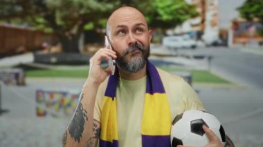 Beyaz, kel, sakallı, futbol topu tutan, şehir sokaklarında akıllı telefondan konuşan, sarı tişört ve fular giyen, modern yaşam tarzını sergileyen bir adam..