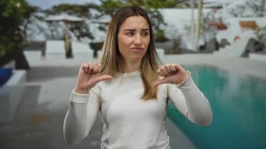 Havuz kenarındaki lüks bir tatil köyünde rahat bir ambiyansı olan bir kadın..