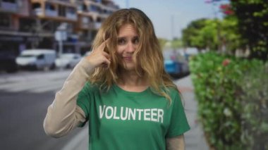 Kadın kalabalık bir caddede neşeli bir baş hareketi yapıyor. Sarışın, genç gönüllü ruhu dışarıda yakalıyor. Gülümsüyor ve dikkatlice düşünüyor..