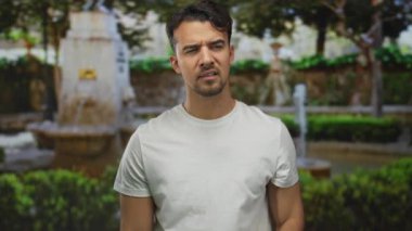 Parktaki genç adam, güneşli bir günde yemyeşil ve fıskiyelerin ortasında tuhaf bir ifadeyle dikkatle dinliyor..