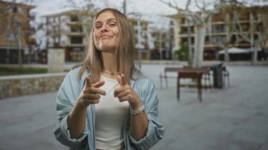 Kot gömlek giyen genç sarışın kadın, masaların yanındaki caddede kamerayı ve bina cephesini işaret ediyor; etkileşim kutlaması güven bağlantısı.