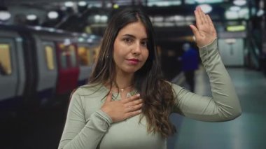 Latin kökenli genç bir kadın el pençe divan durup tren istasyonu platformunda el kaldırdı..