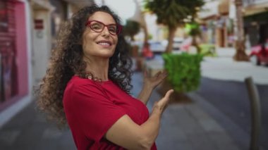 Kıvırcık saçlı ve kırmızı gözlüklü genç İspanyol kadın kalabalık bir sokak sahnesinde kollarını açıyor..