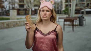 Gece kıyafetli, maske takan, şehir sokaklarında fırça tutan genç sarışın kadın hayal kırıklığını ifade ediyor..