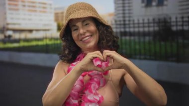 Bikini giyen ve şapkalı Hawai zambağı takan bir kadın güneşli bir sokakta ellerini havaya kaldırıyor..