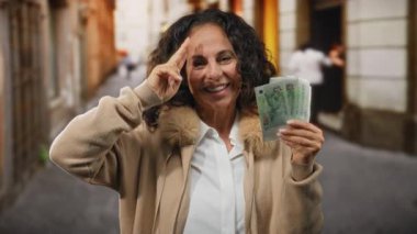 Orta yaşlı bir kadın gülümsüyor ve şehir sokaklarında elinde dolarlarla neşeli bir jest yapıyor..